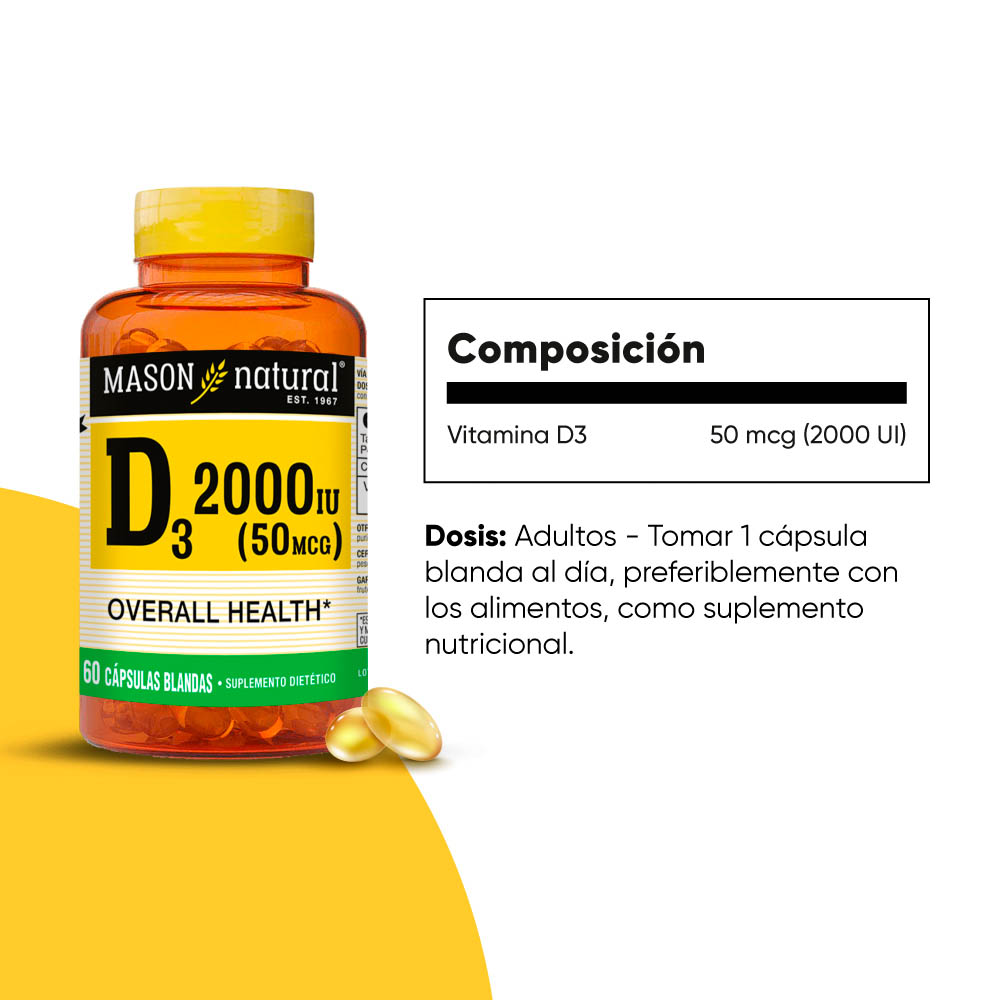 Vitamina D3 2000 UI - 60 Cápsulas Blandas - Mason Natural