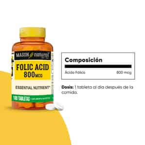 Vitamina B9 - Ácido Fólico 800 mcg - 100 Tabletas - Mason Natural