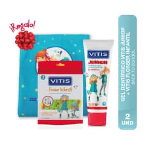 Pack de Aseo Vitis: Hilo Dental con Mango Infantil + Gel Dental Junior + Bolsa