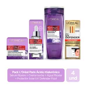 Pack LOreal Paris Ácido Hialurónico Sérum Facial + Crema Noche + Agua Micelar + Protector Solar