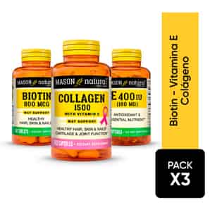 Pack Biotin 800mcg + Vitamina E 400UI 100 Softg + Colágeno 1500 Mason Natural