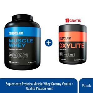 Pack Suplemento Proteico Musclen Muscle Whey Sabor Creamy Vanilla + Quemador de Grasa Musclen Oxylite Sabor Passion Fruit